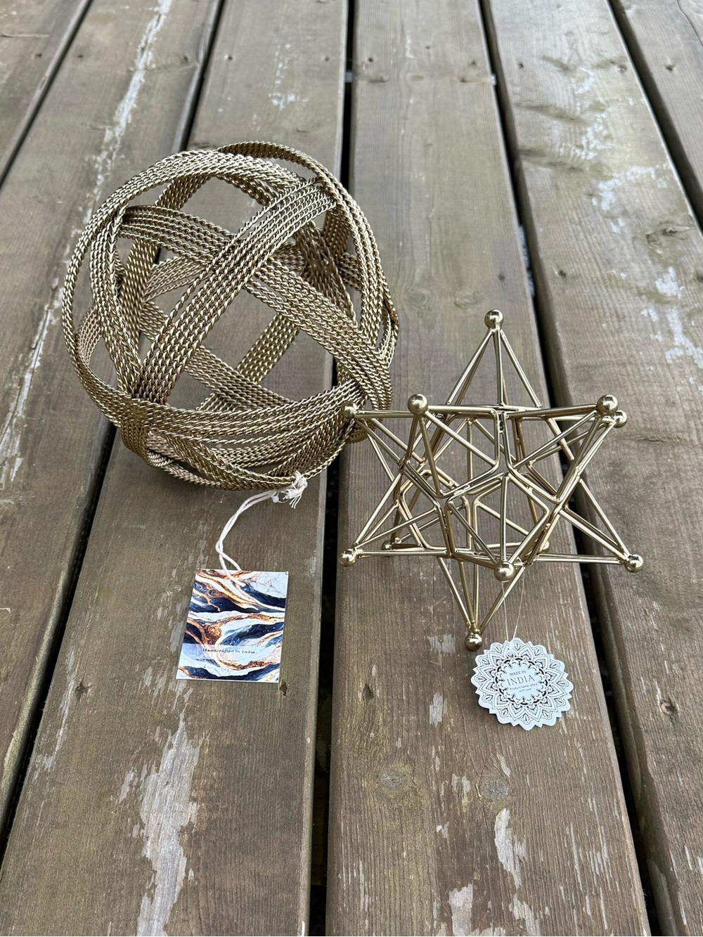 Set of Two Brass Tone Decorative Metal Orb and Geometric Star Accents